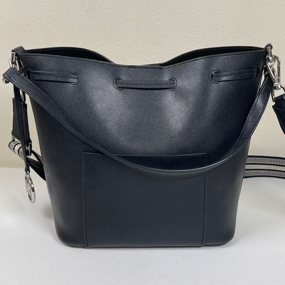 Michael Kors Eden Black Leather Bucket Bag Crossbody Adjustable Strap MK Charm - Picture 6 of 12